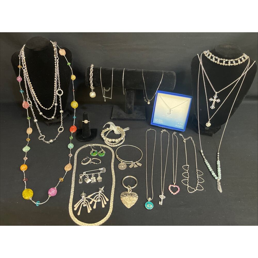 Vintage To Now Lot Of Silvertone Jewelry Necklace Bracelet Earrings Brooch
